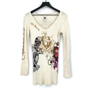 Y2K ED HARDY Thermal Long Sleeve V Neck Cream M